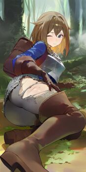 1girl armor ass backpack bag blue_eyes boots brown_hair chloe_(unicorn_overlord) defeat drowsy_sheep forest highres injury nature on_ground one_eye_closed outdoors sweatdrop torn_clothes unicorn_overlord