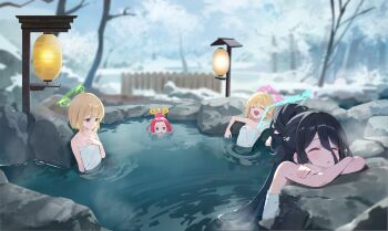 4girls :d absurdres alternate_hairstyle aqua_halo aris_(blue_archive) bare_shoulders bare_tree black_hair blonde_hair blowing_bubbles blue_archive blue_eyes blurry blurry_background breasts closed_eyes collarbone commentary crossed_arms english_commentary enokinoko1010 flat_chest forehead game_development_department_(blue_archive) green_eyes green_halo hair_between_eyes hair_bun halo hand_on_own_chest highres lantern long_bangs long_hair long_hair_between_eyes looking_at_viewer midori_(blue_archive) mixed-language_commentary momoi_(blue_archive) mouth_submerged multiple_girls naked_towel onsen open_mouth outdoors parted_bangs parted_lips partially_submerged pink_halo power_symbol rectangular_halo red_hair same-sex_bathing shared_bathing short_hair siblings sidelocks sisters small_breasts smile snow steam towel tree twins water wet winter yellow_halo yuzu_(blue_archive)