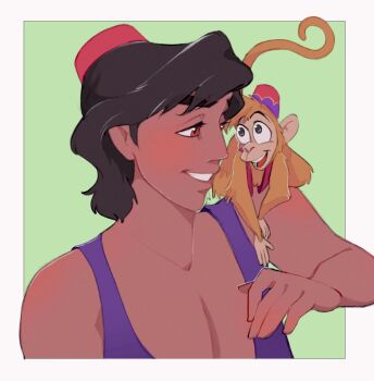2boys abu_(aladdin) aladdin_(disney) aladdin_(movie) animal arabian_clothes black_hair brown_eyes brown_hair dark-skinned_male dark_skin fez_hat hat highres looking_at_viewer monkey multiple_boys open_mouth ri_ri_ri2 shirt short_hair smile