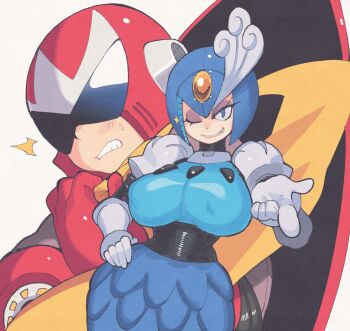 1boy 1girl android blue_eyes breasts commentary english_commentary grin hand_on_own_hip highres inkerton-kun large_breasts looking_at_viewer mega_man_(classic) mega_man_(series) mega_man_9 one_eye_closed parted_lips pointing pointing_at_viewer proto_man scarf sharp_teeth shield shield_on_back smile splash_woman sweatdrop teeth yellow_scarf