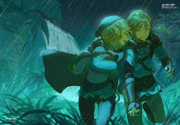 1boy 1girl black_cloak black_pants blonde_hair blue_eyes blue_shirt blue_tunic blurry blurry_foreground braid breasts cloak closed_mouth couple crown_braid fingerless_gloves gloves green_eyes hair_ornament hairclip hetero highres holding_hands hood hood_up hooded_cloak link medium_breasts nintendo open_mouth outdoors pants parted_bangs pointy_ears princess_zelda rain shirt sidelocks smile the_legend_of_zelda the_legend_of_zelda:_tears_of_the_kingdom tianyexiping tunic vambraces