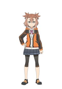 Rule 34 | 1girl, black shoes, black shorts, black skirt, brown hair, doi tamako, full body, hand on own hip, hood, hood down, hooded jacket, jacket, long sleeves, looking at viewer, miniskirt, official art, orange jacket, pleated skirt, school uniform, second-party source, shoes, short hair, shorts, simple background, skirt, smile, solo, standing, tachi-e, transparent background, two side up, yuuki yuuna wa yuusha de aru, yuusha de aru