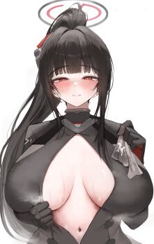 Rule 34 | 1girl, absurdres, bilingual commentary, black bodysuit, black gloves, black hair, blue archive, blunt bangs, blush, bodysuit, breasts, breasts apart, bright pupils, center opening, closed mouth, commentary request, commission, cum, cum on object, gloves, half-closed eyes, halo, handkerchief, hands up, high ponytail, highres, holding, holding handkerchief, implied after paizuri, korean commentary, large breasts, long hair, long sleeves, looking at viewer, mixed-language commentary, multicolored gloves, multicolored halo, navel, official alternate costume, ponytail, red gloves, red halo, rio (armed) (blue archive), rio (blue archive), se tu (55559229), sidelocks, simple background, solo, steaming body, sweat, two-tone gloves, two-tone halo, upper body, very long hair, white background, white pupils