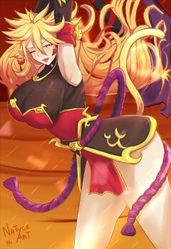 1girl axe blonde_hair breasts chaos_sun_wukong_(grimms_notes) chinese_clothes grimms_notes holding holding_axe huge_breasts large_breasts long_pointy_ears looking_at_viewer natyceart pink_eyes pointy_ears solo tail thighs