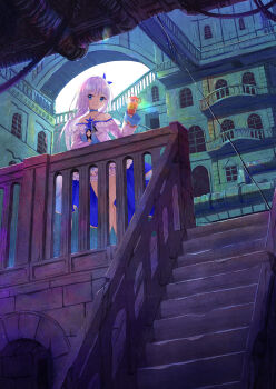 1girl absurdres blue_choker blue_eyes building choker commentary_request cup day disposable_cup dress drinking_straw fingernails highres holding holding_cup kenja_no_deshi_wo_nanoru_kenja long_hair long_sleeves looking_at_viewer mira_(kendeshi) outdoors smile solo stairs white_hair window you_cao_xi