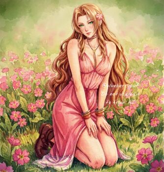 Rule 34 | 1girl, aerith gainsborough, bangle, bare shoulders, boots, bracelet, breasts, brown boots, brown hair, buttons, center opening, choker, cleavage, closed mouth, collarbone, dress, field, final fantasy, final fantasy vii, final fantasy vii rebirth, final fantasy vii remake, flower, flower choker, flower field, green eyes, hair flower, hair ornament, highres, jewelry, kneeling, light smile, long dress, long hair, meadow, medium breasts, monsterbf1ilove, parted bangs, pink dress, pink flower, sidelocks, sleeveless, sleeveless dress, solo, sundress, twitter username, wavy hair