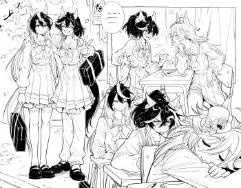 Rule 34 | 3girls, absurdres, animal ears, arm around back, arm around neck, arm rest, bag, behind another, chair, classroom, closed eyes, closed mouth, commentary, desk, drooling, ear covers, elbow rest, face-to-face, falling petals, grin, hair between eyes, hand on another's shoulder, hand on own chin, hand on own head, hat, head rest, highres, holding, holding bag, horse ears, horse girl, horse tail, indoors, katsuragi ace (umamusume), long hair, long sleeves, looking at another, looking at viewer, mini hat, mini top hat, monochrome, mouth drool, mr. c.b. (umamusume), multicolored hair, multiple girls, multiple views, on chair, open mouth, outdoors, pants, pants under skirt, petals, road sign, school chair, school desk, school uniform, shirt, shirt tucked in, shoes, side-by-side, sign, sitting, skirt, sleeping, sleepy, smile, sparkle, standing, symboli rudolf (umamusume), tail, thighhighs, tilted headwear, top hat, two-tone hair, umamusume, untranslatable commentary, uri umu, v, v-shaped eyebrows, very long hair, zettai ryouiki