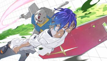 1boy :| absurdres baggy_clothes baggy_pants blue_hair boots brown_hair clenched_hand closed_mouth colored_inner_hair commentary_request energy_sword fire flying from_above full_body green_fire grid_background gundam gundam_gquuuuuux highres himuro_yukichiko holding holding_shield holding_weapon long_sleeves looking_at_viewer lower_eyelashes_only mecha mobile_suit multicolored_hair pants red_eyes robot science_fiction shield shirt shuji_ito signature simple_background sleeves_rolled_up sword two-tone_hair v-fin weapon white_background white_pants white_shirt