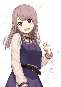 Rule 34 | 1girl, :d, absurdres, belt, belt buckle, black ribbon, blush, braid, brown hair, buckle, collared shirt, commentary request, female focus, hair ornament, hairclip, hand up, head tilt, highres, kyota07, long hair, long sleeves, looking at viewer, miniskirt, neck ribbon, open mouth, original, purple skirt, purple vest, red eyes, ribbon, school uniform, shirt, sidelocks, skirt, smile, solo, standing, teeth, twin braids, upper body, upper teeth only, vest, white background, white shirt