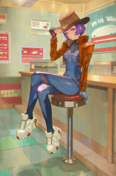 1girl adjusting_clothes adjusting_headwear arm_support bar_(place) bar_stool blue_bodysuit blue_suit bodysuit brown_eyes closed_mouth commentary cowboy_hat cropped_jacket crossed_legs cyber_fashion diner expressionless formal_clothes full_body hat highres indoors jacket juno_(overwatch) long_sleeves looking_at_viewer menu_board multicolored_hair orange_jacket overwatch pink_hair poster_(object) purple_hair shoes short_hair sitting solo spacesuit stool suit symbol-only_commentary two-sided_gloves white_shoes yugen99