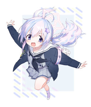 1girl :d ahoge backpack bag beads black_jacket black_neckerchief blue_archive blue_hair blush buttons commentary_request double-breasted dutch_angle excited floating_hair foreshortening from_above full_body grey_serafuku grey_shirt grey_skirt hair_beads hair_between_eyes hair_ornament halo highres jacket kisaka long_hair looking_at_viewer low_twintails multicolored_hair neckerchief open_clothes open_jacket open_mouth outstretched_arms pink_bag pink_hair pink_halo pink_shoes purple_eyes reisa_(blue_archive) sailor_collar school_uniform serafuku shirt shoes sidelocks simple_background skirt sleeves_past_wrists smile sneakers socks solo standing standing_on_one_leg star_(symbol) star_hair_ornament star_halo streaked_hair striped_clothes striped_socks tareme twintails two-tone_hair v-shaped_eyebrows white_background white_sailor_collar