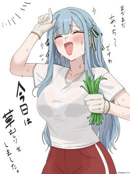 Rule 34 | 1girl, bang dream!, bang dream! it's mygo!!!!!, black ribbon, blue hair, blush, breasts, closed eyes, commentary, gloves, hair ribbon, highres, holding grass, long hair, nagomu 7 56, open mouth, red shorts, ribbon, see-through clothes, see-through shirt, shirt, short sleeves, shorts, simple background, smile, solo, sweat, togawa sakiko, translation request, two side up, white background, white gloves, white shirt