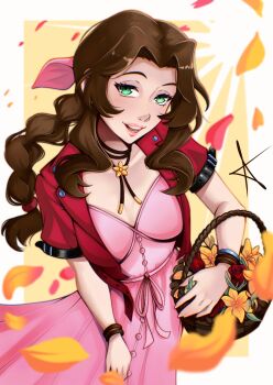 1girl absurdres aerith_gainsborough basket bow bracelet breasts brown_hair commentary cowboy_shot dress english_commentary final_fantasy final_fantasy_vii final_fantasy_vii_remake flower flower_necklace green_eyes hair_bow highres holding holding_basket jacket jewelry long_hair looking_at_viewer medium_breasts necklace open_mouth pink_bow pink_dress red_draws5 red_jacket short_sleeves smile solo yellow_background yellow_flower