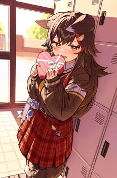 Rule 34 | 1girl, absurdres, animal ears, averting eyes, black hair, blush, box, brown sweater, commentary request, day, deaver, flipped hair, hair ornament, hairclip, heart-shaped box, highres, holding, holding box, hololive, indoors, knit sweater, long hair, necktie, official alternate costume, ookami mio, ookami mio (10th costume), open mouth, plaid clothes, plaid skirt, pleated skirt, red skirt, red streaks, school, short necktie, sidelocks, skirt, solo, spiked hair, standing, sweater, sweater tucked in, tail, tail around own leg, valentine, virtual youtuber, wallet chain, wavy mouth, wolf ears, wolf girl, wolf tail, yellow eyes, yellow necktie