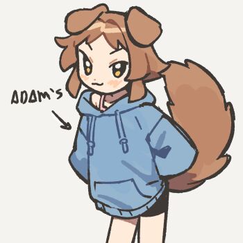 1girl :3 animal_ears arms_behind_back arrow_(symbol) bike_shorts blue_hoodie blush brown_hair closed_mouth collarbone cowboy_shot dog_ears dog_girl dog_tail dot_nose hair_intakes haru_(umiko_zzz) highres hood hoodie oversized_clothes parted_bangs short_hair shoulder_peek solo tail tsurime umiko_zzz white_background