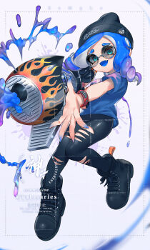 1girl artist_name beanie black_boots black_hat black_leggings blue_eyes blue_hair blue_shirt blue_tongue boots bracelet colored_extremities colored_tongue commentary commission commissioner_name drill_hair fang fingernails full_body furrowed_brow glasses gradient_hair hat highres holding holding_weapon jewelry jinkoika leggings medium_hair multicolored_hair nintendo octoling octoling_girl octoling_player_character open_hand open_mouth parted_bangs purple_hair range_blaster_(splatoon) round_eyewear sample_watermark sharp_fingernails shirt short_sleeves smile solo splatoon_(series) splatoon_3 studded_bracelet symbol-only_commentary t-shirt tentacle_hair torn_clothes torn_leggings twin_drills two-tone_hair watermark weapon white-framed_eyewear
