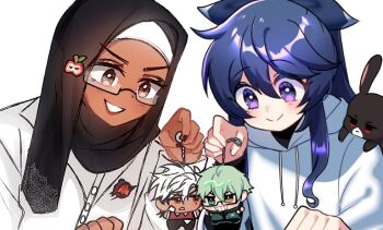 2girls black_hijab blue_hair bright_pupils character_charm charm_(object) closed_mouth commentary dark-skinned_female dark_skin double-parted_bangs english_commentary hair_between_eyes hijab holding holding_charm hood hood_down hoodie long_hair looking_at_object looking_down multiple_girls original purple_eyes rae_(ryuuxin) ryuuxin simple_background smile white_background white_hoodie white_pupils