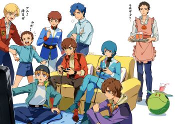 6+boys alfred_izuruha amuro_ray apron artist_name backwards_hat banagher_links baseball_cap belt bernard_wiseman black_belt black_hat blonde_hair blue_boots blue_eyes blue_hair blue_jacket blue_pants blue_shirt blue_shorts boots brown_apron brown_eyes brown_hair brown_pants brown_shoes carpet closed_eyes closed_mouth collared_jacket collared_shirt commentary_request controller couch crossed_arms crossed_legs cup drink ekomozzarella flying_sweatdrops game_controller grabbing_another's_arm green_eyes gundam gundam_0080 gundam_f91 gundam_hathaway's_flash gundam_unicorn gundam_zz hand_on_own_arm hand_on_own_knee haro hat hathaway_noa highres holding holding_controller holding_game_controller holding_tray hood hood_down in-franchise_crossover jacket judau_ashta kamille_bidan long_sleeves looking_at_another mafti_nabiyu_erin male_focus military_uniform mobile_suit_gundam multiple_boys on_couch on_floor open_clothes open_jacket open_mouth pants puff_of_air pumpkin_print purple_jacket red_boots red_jacket seabook_arno shirt shoes short_hair shorts sitting smile standing sweat sweatdrop translation_request tray uso_ewin victory_gundam white_pants zeta_gundam