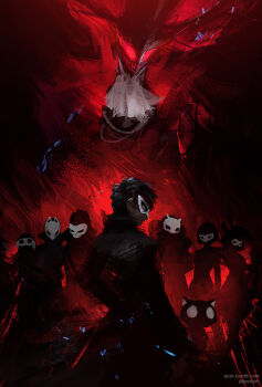 10s 3boys 4girls abstract amamiya_ren animal_ears arsene_(persona_5) ascot back black_hair black_jacket cat_ears cat_mask commentary english_commentary everyone fox_(persona_5) fox_mask glowing glowing_eyes goggles hat jacket joker_(persona_5) kitagawa_yuusuke looking_at_viewer looking_back mask morgana_(persona_5) multiple_boys multiple_girls niijima_makoto noir_(persona_5) okumura_haru oracle_(persona_5) panther_(persona_5) persona persona_5 qosic queen_(persona_5) red_eyes sakamoto_ryuuji sakura_futaba short_hair sketch skull_(persona_5) skull_mask takamaki_anne top_hat