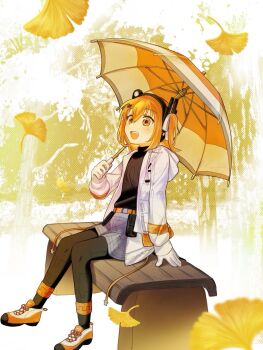 1girl a.i._voice adachi_rei amau_totori belt bench birthday black_pantyhose black_shoes cable gloves grey_shirt hair_between_eyes hair_ribbon headlamp highres holding holding_umbrella jacket leaf long_sleeves lying on_back open_clothes open_jacket open_mouth orange_belt outdoors pantyhose park red_eyes ribbon shirt shoes side_ponytail sitting skirt sneakers solo tree umbrella underwear utau white_gloves white_jacket white_ribbon white_shoes