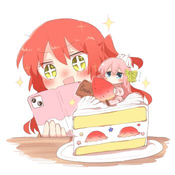 +_+ 2girls blush bocchi_the_rock! bow brown_footwear cake cake_slice cellphone flying_sweatdrops food food_on_head fruit gotoh_hitori green_bow hair_between_eyes hair_bow holding holding_phone in_food jacket kita_ikuyo long_hair mini_person minigirl multiple_girls object_on_head one_side_up pants phone pink_hair pink_jacket pink_pants rebecca_(keinelove) red_hair shoe_soles shoes simple_background sparkle strawberry track_jacket track_pants track_suit turn_pale very_long_hair white_background yellow_eyes