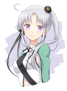 Rule 34 | 1girl, :<, ahoge, akitsushima (kancolle), armpit cutout, breasts, closed mouth, clothing cutout, commentary, cropped torso, earrings, grey hair, hair ribbon, hat, jacket, jewelry, kan'yu (citron 82), kantai collection, long hair, long sleeves, looking at viewer, medium breasts, mini hat, purple eyes, ribbon, simple background, solo, two-tone background, two side up, upper body