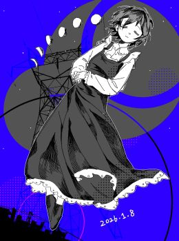 1girl apron asya_shubina chinese_commentary city closed_eyes collared_shirt commentary_request dated dress dutch_angle full_body greyscale_with_colored_background highres legs_together long_dress moon_phases own_hands_together school_uniform shirt shoes short_hair solo soviet_school_uniform yonglandenongcunru z.a.t.o._//_i_love_the_world_and_everything_in_it