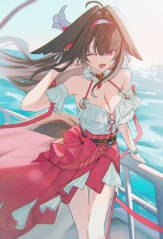 1girl ;d ai-assisted animal_ears bare_shoulders breasts brown_hair cleavage commentary droopy_ears fox_ears fox_girl fox_tail highres large_breasts long_hair one_eye_closed open_mouth poki_(j0ch3fvj6nd) red_eyes red_skirt shirt skirt smile solo tail white_shirt ye_shunguang zenless_zone_zero