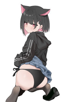 1girl absurdres animal_ears ass ass_focus black_hair black_panties black_thighhighs blue_archive blush cat_ears clothes_lift hair_ornament hairclip hei_tudou highres kazusa_(blue_archive) kneeling long_sleeves looking_back multicolored_hair panties pink_eyes pink_hair short_hair simple_background skirt skirt_lift solo thighhighs two-tone_hair underwear white_background