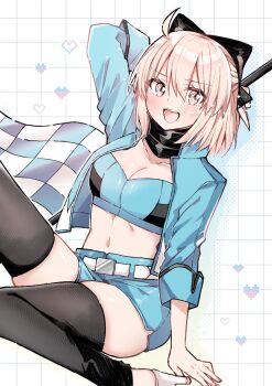 Rule 34 | 1girl, ahoge, arm up, black bow, black scarf, black shirt, black thighhighs, blonde hair, blue jacket, blue shirt, blue shorts, blush, bow, checkered flag, commentary request, crop top, draw happy set, fate/grand order, fate (series), flag, hair bow, high heels, highres, holding, holding flag, jacket, looking at viewer, medium hair, midriff, navel, okita souji (fate), open mouth, race queen, scarf, shirt, shoes, shorts, sitting, solo, teeth, thighhighs, two-tone shirt, upper teeth only, white shoes, yellow eyes