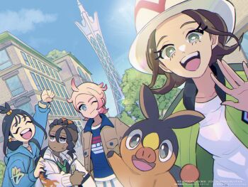 2boys 2girls ahoge black_hair blonde_hair blue_eyes blue_hoodie blue_shirt blue_sky blush breasts brown_hair brown_jacket closed_eyes cloud collared_shirt cube_hair_ornament dark-skinned_male dark_skin day earclip gen_5_pokemon green_eyes green_jacket green_necktie grin hair_ornament harmony_(pokemon) hat hood hood_down hoodie jacket lida_(pokemon) long_hair long_sleeves lumiose_city mogutory multiple_boys multiple_girls naveen_(pokemon) necktie nintendo one_eye_closed open_clothes open_jacket open_mouth outdoors pants pokemon pokemon_(creature) pokemon_legends:_z-a prism_tower shirt short_hair sky smile sweatdrop teeth tepig topknot upper_teeth_only urbain_(pokemon) white_hat white_jacket white_shirt