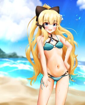 1girl :d aqua_bikini beach bikini black_bow blonde_hair blue_eyes blunt_bangs bow breasts commentary_request cowboy_shot elf flower hair_bow hair_flower hair_ornament hair_up hand_on_own_hip highres layered_bikini long_hair looking_at_viewer mamiyahara_hitoshige navel o-ring o-ring_bikini open_mouth outdoors pointy_ears princess_connect! saren_(princess_connect!) saren_(summer)_(princess_connect!) small_breasts smile solo straight-on swimsuit