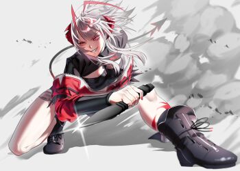 Rule 34 | 1girl, ahoge, antenna hair, antennae, arknights, arm behind back, black boots, black shirt, boots, breasts, commentary request, demon girl, demon horns, demon tail, full body, grey background, grey hair, highres, holding, holding knife, holding weapon, horns, jacket, knife, looking up, magnum 0000, medium breasts, medium hair, nail polish, on one knee, open mouth, parted lips, red eyes, red horns, red jacket, red nails, sharp teeth, shirt, sidelocks, simple background, smirk, smoke, solo, tail, teeth, w (arknights), weapon, wis'adel (arknights)