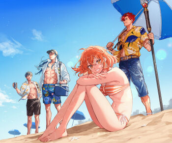 1girl 3boys ahoge belt bikini breasts cooler cu_chulainn_(caster)_(fate) cu_chulainn_(fate) cu_chulainn_(tropical_rune_summer)_(fate) denim fate/grand_order fate_(series) fujimaru_ritsuka_(female) fujimaru_ritsuka_(female)_(brilliant_summer) hawaiian_shirt highres holding holding_umbrella looking_at_viewer medium_breasts mori_nagayoshi_(exhibition_attire)_(fate) mori_nagayoshi_(fate) multiple_boys o-ring o-ring_bikini o-ring_top official_alternate_costume open_clothes open_shirt orange_bikini orange_eyes orange_hair outdoors parasol saitou_hajime_(fate) saitou_hajime_(the_grinning_man_of_the_beach)_(fate) shirt short_hair sitting smile striped_bikini striped_clothes swimsuit umbrella uni_(nico02)