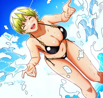 1girl bikini blonde_hair breasts cleavage closed_eyes colorized izumo_tenka large_breasts mato_seihei_no_slave navel open_mouth smile solo splash swimsuit water