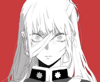 1girl bandaged_head bandages closed_mouth fate/grand_order fate_(series) florence_nightingale_(fate) high_collar long_hair looking_at_viewer partially_colored red_background red_pupils simple_background sketch solo tetota_tettou