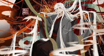 1boy absurdly_long_hair ahoge alternate_hair_color alternate_hairstyle black_hanfu chinese_clothes coat colored_smoke green_ribbon grey_coat hair_down hanfu hashtag-only_commentary highres holding holding_ribbon long_hair long_sleeves looking_at_viewer loxunzixin31122 male_focus modao_zushi official_alternate_costume open_clothes open_coat outstretched_arm parted_lips red_eyes red_ribbon red_sash ribbon robe sash seal_impression sidelocks sitting smoke solo string string_of_fate very_long_hair wei_wuxian wei_wuxian_(yiling_laozu) white_hair wide_sleeves zhongguo_hua