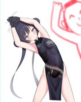 1boy 1girl armpits black_dress black_gloves black_hair blue_archive blush breasts china_dress chinese_clothes covered_navel doodle_sensei_(blue_archive) double_bun dress gloves grey_eyes hair_bun halo highres kisaki_(blue_archive) kumarang loli long_hair sensei_(blue_archive) small_breasts solo_focus stretching twintails
