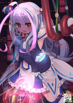 1girl azure_striker_gunvolt azure_striker_gunvolt_2 blue_dress cable cowboy_shot dress elbow_gloves female_ejaculation gloves gummyrise highres loli long_hair mytyl_(gunvolt) red_eyes restrained saliva solo tears tentacle_sex tentacles white_gloves