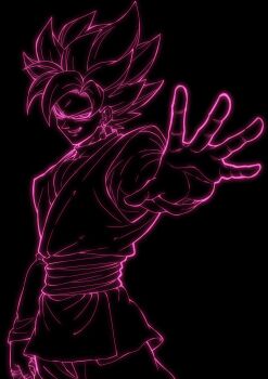 1boy black_background cowboy_shot dougi dragon_ball dragon_ball_super earrings goku_black hashtag-only_commentary highres jewelry komesan_0212 lineart male_focus medium_hair pink_theme potara_earrings simple_background smirk solo spiked_hair super_saiyan super_saiyan_rose tunic