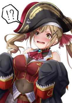 Rule 34 | !?, 13enter, 1girl, absurdres, alternate costume, bang dream!, black jacket, blonde hair, blush, breasts, cosplay, embarrassed, hat, highres, hololive, houshou marine, houshou marine (cosplay), ichigaya arisa, jacket, large breasts, long hair, navel, neckerchief, pirate costume, pirate hat, red neckerchief, simple background, sleeveless, solo, standing, twintails, upper body, white background, yellow eyes