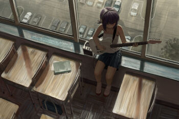 1girl amplifier an_yb bag black_skirt book breasts camisole chair classroom commentary desk earphones electric_guitar from_above full_body guitar highres holding holding_guitar holding_instrument indoors instrument looking_down miniskirt music on_windowsill original parking_lot playing_guitar playing_instrument ponytail purple_hair school school_bag school_desk shoes short_hair short_ponytail sitting skirt small_breasts socks solo symbol-only_commentary urban uwabaki white_camisole white_shoes white_socks window windowsill