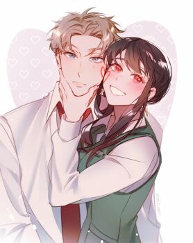 1boy 1girl black_hair blonde_hair blue_eyes blush breasts couple dress earrings gold_earrings hairband hetero highres husband_and_wife ideksams jewelry large_breasts long_hair long_sleeves open_mouth red_eyes shirt short_hair sidelocks smile spy_x_family twilight_(spy_x_family) yor_briar