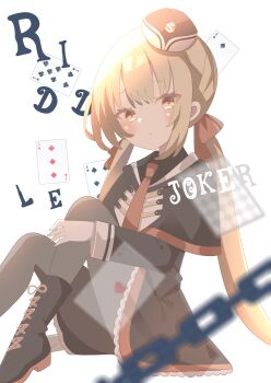 1girl 9ra4ki33 :t absurdres arihara_nanami black_capelet black_dress black_hat black_pantyhose blonde_hair blurry blush bow capelet chain closed_mouth colored_eyelashes commentary copyright_name depth_of_field dress eyes_visible_through_hair floating_card foot_out_of_frame frilled_dress frills garrison_cap gloves hair_between_eyes hair_bow hat highres hugging_own_legs knees_up long_hair long_sleeves looking_at_viewer low_twintails pantyhose pout red_bow red_eyes riddle_joker short_dress sidelocks simple_background sitting solo twintails very_long_hair white_background white_gloves