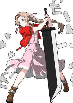 1girl absurdres aerith_gainsborough boots braid braided_ponytail breasts brown_boots brown_hair buster_sword buttons closed_mouth commentary_request cropped_jacket debris dress fighting_stance final_fantasy final_fantasy_vii final_fantasy_vii_remake full_body green_eyes hair_ribbon highres holding holding_sword holding_weapon jacket light_blush long_dress long_hair matsuokalive10 medium_breasts parted_bangs pink_dress pink_ribbon red_jacket ribbon sidelocks single_braid solo sword weapon