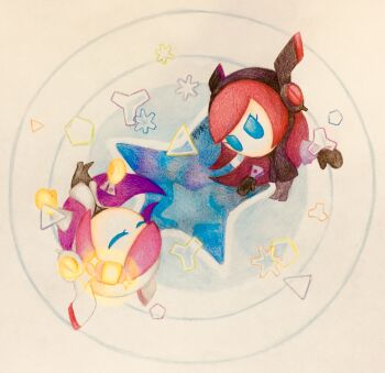 2girls black_gloves closed_eyes gloves hair_ornament hairclip highres kirby_(series) melondaisuki210 multiple_girls nintendo parallel_susie pink_hair portal_(object) rayman_limbs red_hair rotational_symmetry susie_(kirby) team_kirby_clash_deluxe yellow_gloves