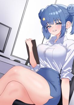 1girl absurdres blue_eyes blue_hair breasts button_gap chair computer double_bun duel_monster dutch_angle evil_twin_lil-la hair_bun highres indoors large_breasts lil-la_(yu-gi-oh!) looking_at_viewer monitor office_chair office_lady official_alternate_hairstyle oldsickkim pencil_skirt shirt sitting skirt smile swivel_chair thick_thighs thighs white_shirt yu-gi-oh!