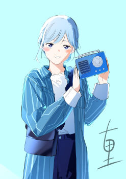Rule 34 | 1girl, absurdres, bag, blue background, blush, coat, commentary request, fccrcrvim924172, grey hair, handbag, highres, holding radio, long sleeves, looking at viewer, mizuo kurage, radio, shirt, simple background, sketch, solo, someone hertz, standing, striped coat, white shirt