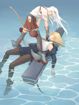 Rule 34 | 2girls, afloat, belt, black belt, black necktie, black pantyhose, black skirt, black thighhighs, blonde hair, bomber jacket, bow (weapon), breasts, chinese commentary, closed eyes, clothing cutout, commentary request, dress shirt, gloves, hakama, hakama short skirt, hakama skirt, headband, highres, hip vent, historical connection, holding, holding bow (weapon), holding weapon, hornet (kancolle), jacket, japanese clothes, kantai collection, long hair, medium breasts, multiple girls, necktie, orange headband, pantyhose, partially fingerless gloves, partly fingerless gloves, pencil skirt, red hakama, rigging, riku-a, rudder footwear, shirt, shoukaku (kancolle), skirt, sleeveless, sleeveless shirt, standing, standing on liquid, tasuki, thighhighs, very long hair, weapon, white hair, white shirt, yugake, yumi (bow)