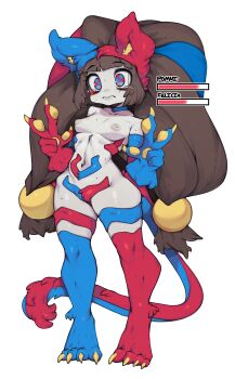 1girl 3: absurdres adapted_costume alternate_hairstyle animal_ears animal_hands animification blue_fur breasts breasts_out brown_hair cat_ears cat_girl cat_paws cat_tail character_name claws colored_skin commentary cosplay darkstalkers double_v english_commentary felicia_(darkstalkers) felicia_(darkstalkers)_(cosplay) frown full_body grey_skin highres long_hair medium_breasts multicolored_eyes multicolored_fur navel nipples pomni_(the_amazing_digital_circus) red_fur slugbox standing tail tearing_up the_amazing_digital_circus twintails two-tone_eyes v very_long_hair